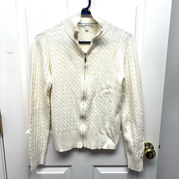 Tommy Hilfiger Zip Up Cardigan, Ivory Collared Sweater, Cable Knit, Size M - Picture 1 of 7